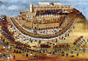 Aquarelle de Panagis Zografos commandée par le Général Makriyiannis: l'Acropole pendant les siège de la guerre d'indépendance; on distingue au centre du Parthénon, la mosquée construite par les Turcs, à gauche la tour de défense construite par les Vénitiens. Devant, le théâtre Hérode Atticus.