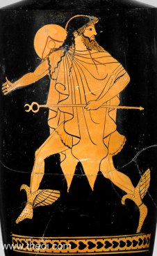 Hermès sur un vase noir à figures rouges. 500-450 av. J.C.. - Source : 